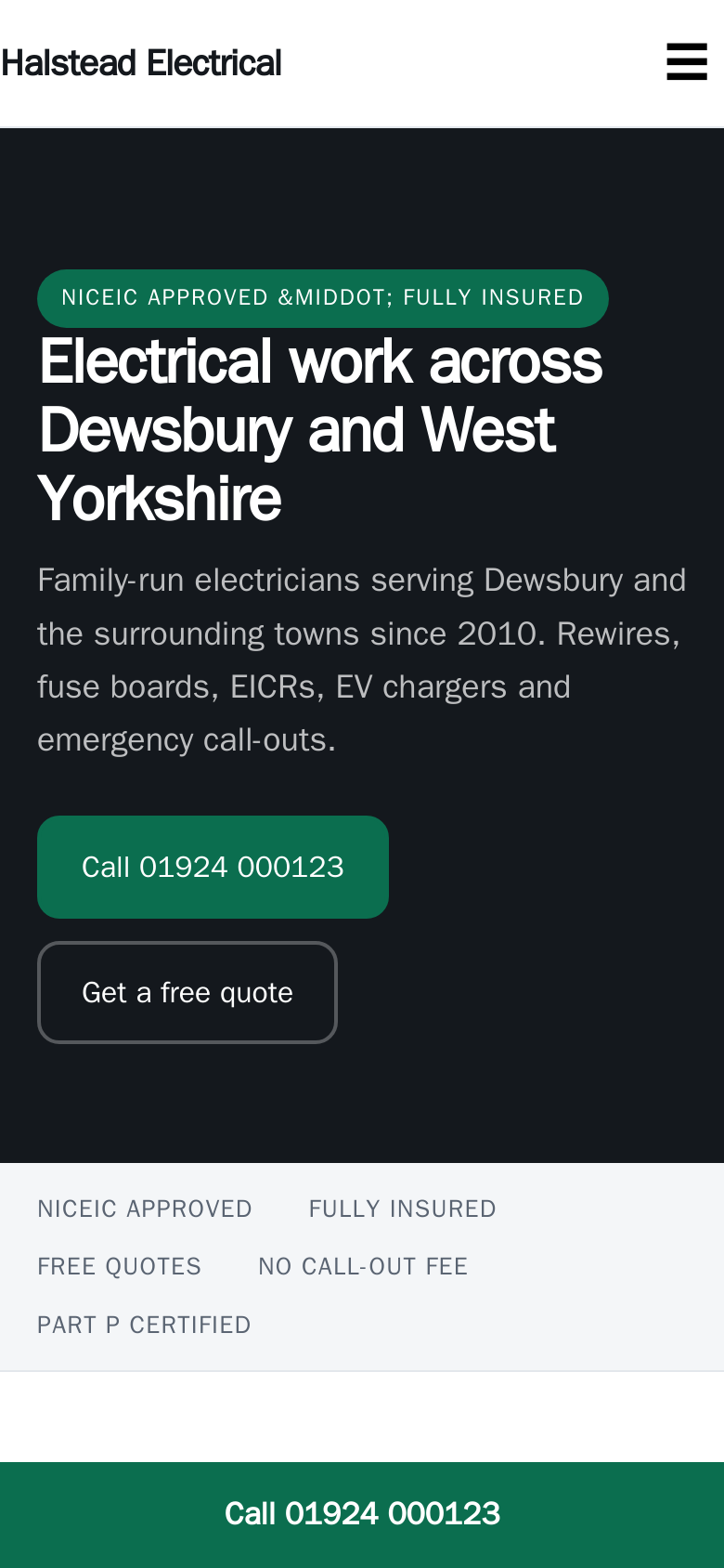 A grafter-built site for an electrician, shown on a phone
