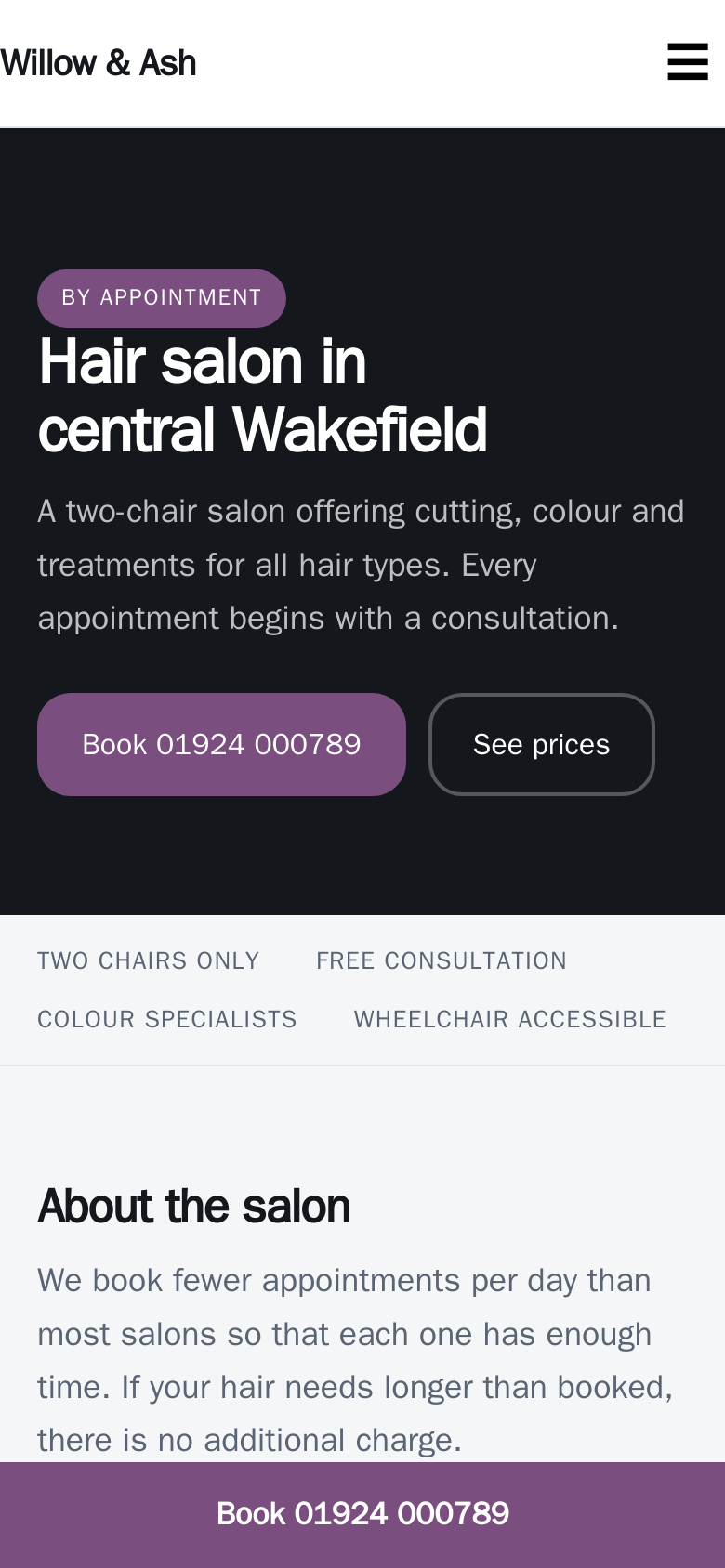A grafter-built site for a hair salon, shown on a phone